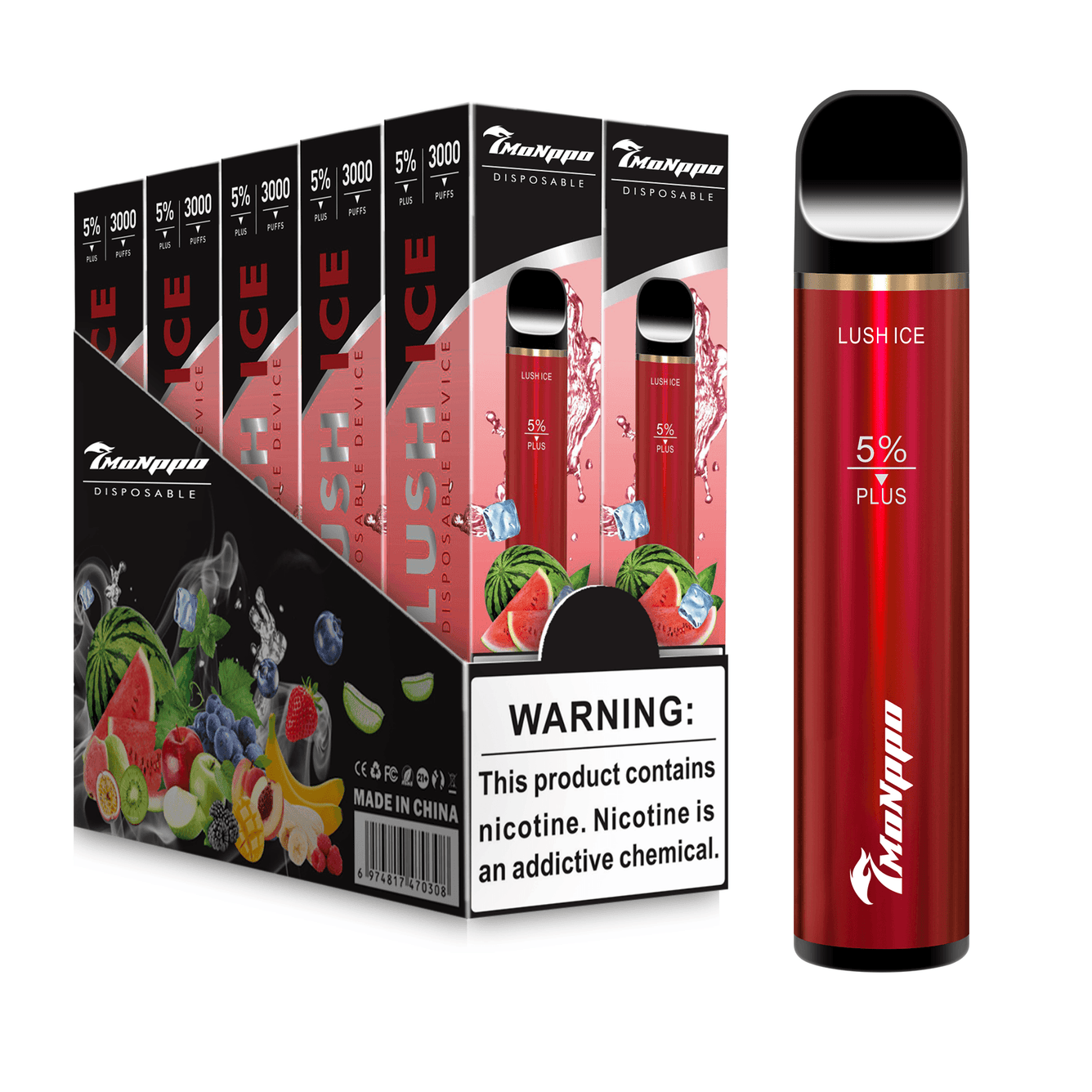 7MONPPO disposable vape, Lush Ice Vape, watermelon vape, watermelon ice vape , 3000 puffs, 5% nicotine, 7MONPPO BAR PLUS