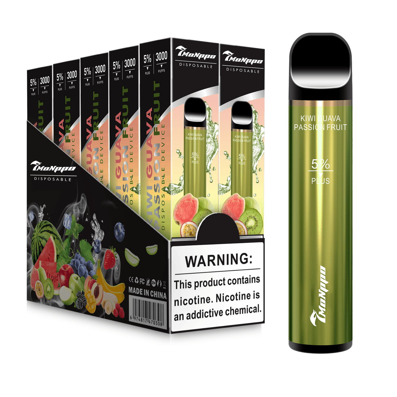 7MONPPO disposable vape, Kiwi Guava Passion Fruit Vape, kiwi vape, guava vape, passion fruit vape, 3000 puffs, 5% nicotine, 7MONPPO BAR PLUS