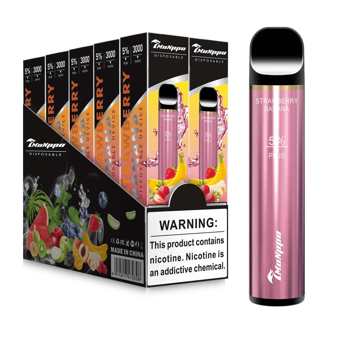 7MONPPO BAR PLUS,  disposable vape, strawberry banana vape, strawberry vape, banana vape,3000 puffs, 5% nicotine, 7MONPPO BAR PLUS